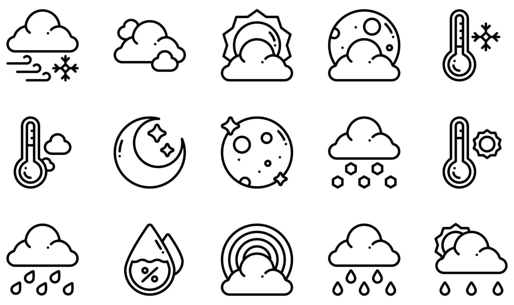 conjunto de iconos vectoriales relacionados con el clima. contiene íconos como ventisca, nube, día nublado, noche nublada, frío, fresco y más. vector