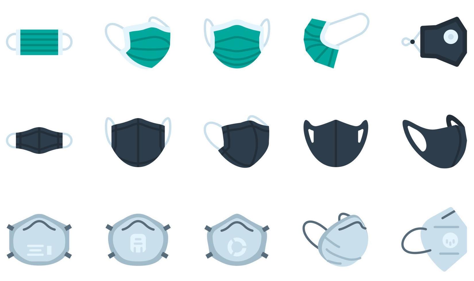 Set of Vector Icons Related to Protective Face Mask. Contains such Icons as Medical Mask, Cloth Mask, Sponge Mask, Respirator Mask, Face Mask, Mask and more.