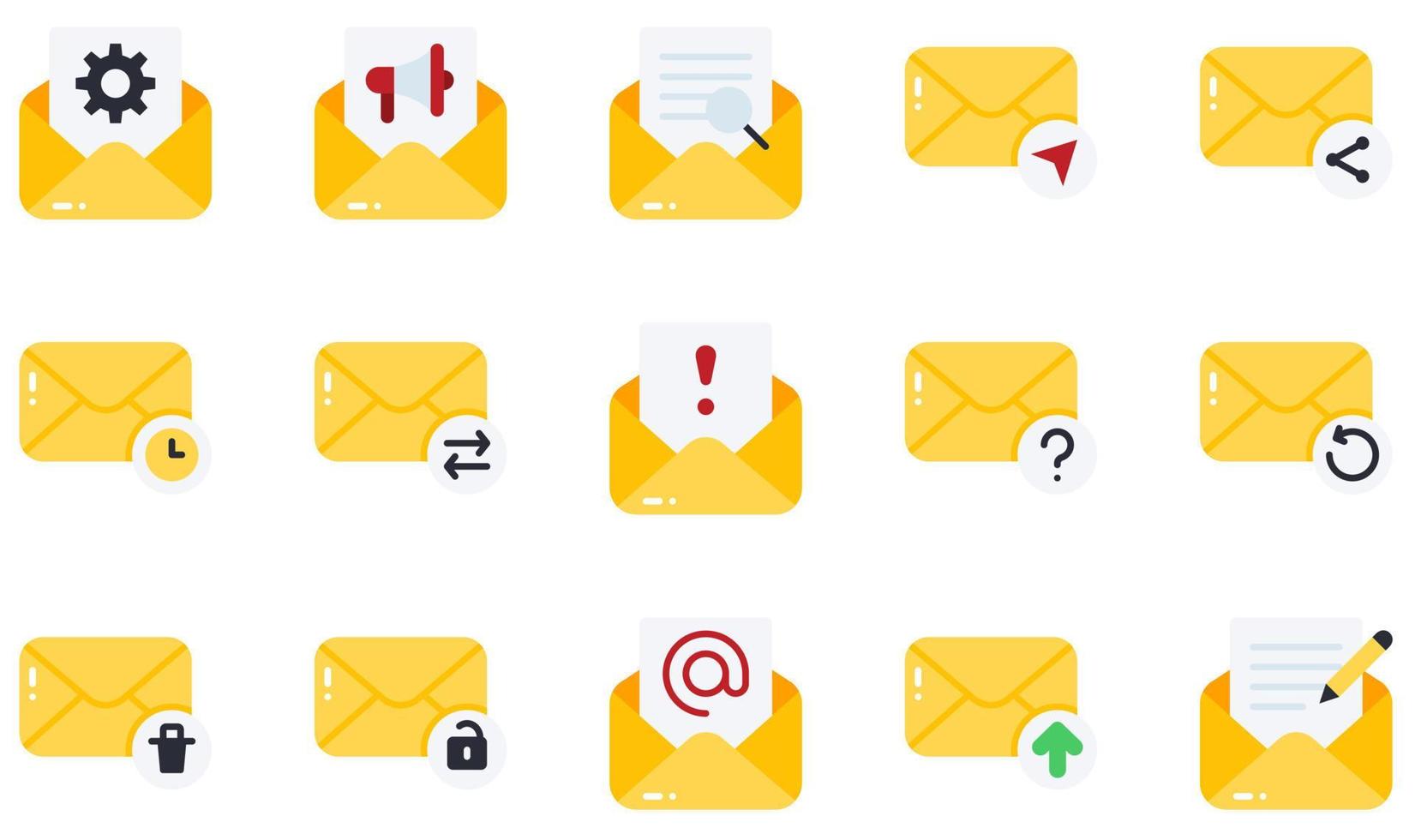 Set of Vector Icons Related to Email. Contains such Icons as Open Email, Options, Searching, Send Mail, Spam, Upload and more.