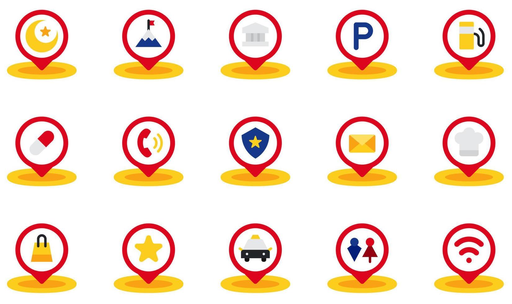 Set of Vector Icons Related to Placeholder. Contains such Icons as Museum, Parking, Pharmacy, Phone, Police Station, Restaurant and more.