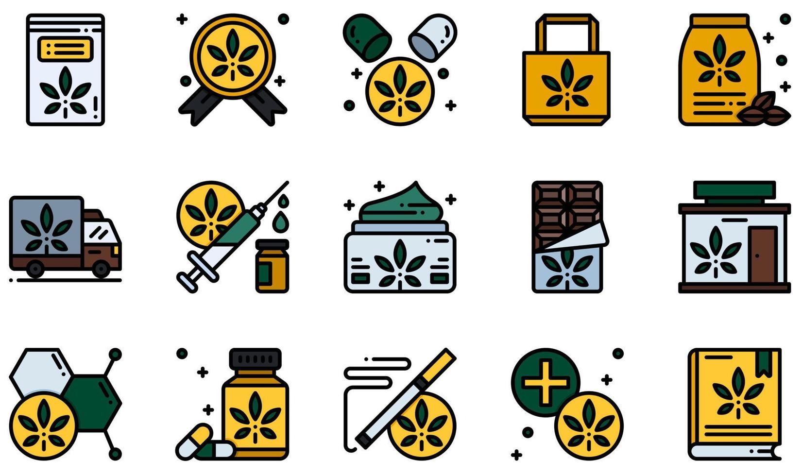 Set of Vector Icons Related to Cannabis . Contains such Icons as Pills, Cbd Cream, Chocolate Bar, Store, Drugs, Marijuana and more.