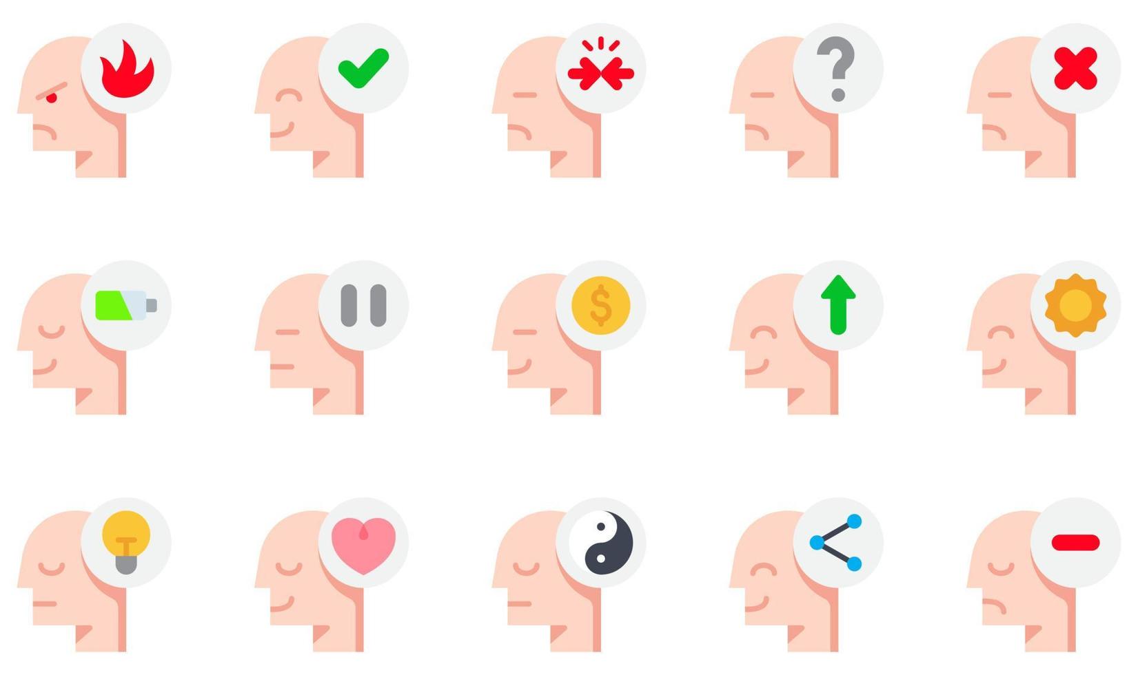 conjunto de iconos vectoriales relacionados con la mente humana. contiene íconos como enojado, aprobado, conflicto, confundido, discapacitado, felicidad y más. vector