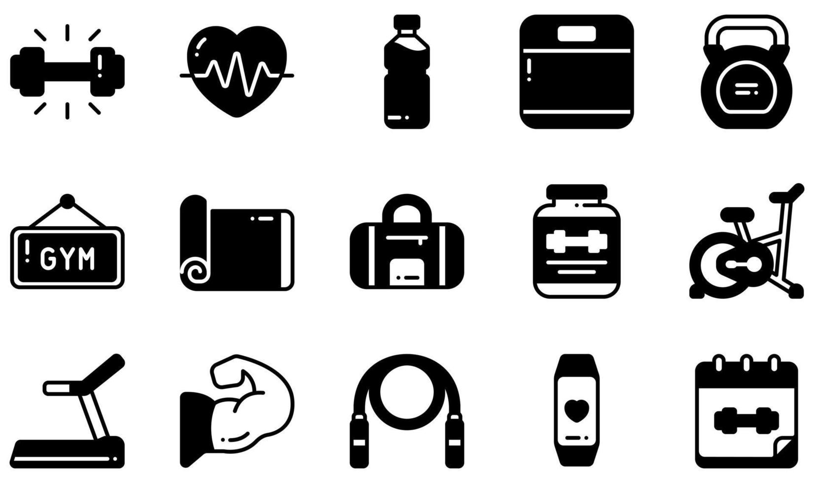 Set of Vector Icons Related to Fitness. Contains such Icons as Dumbbell, Heartbeat, Kettlebell, Yoga Mat, Cycling, Jump Rope and more.