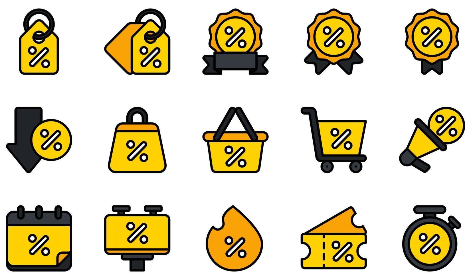 conjunto de iconos vectoriales relacionados con el descuento. contiene íconos como etiqueta, descuento, promoción, canasta, compras, venta caliente y más. vector