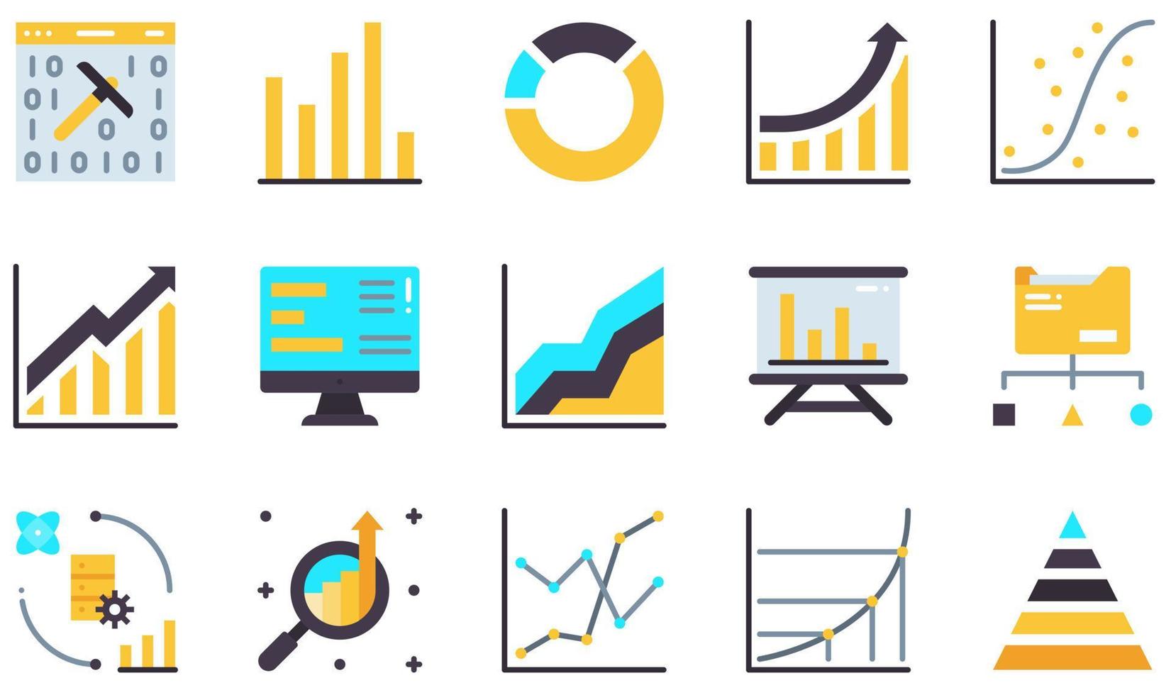 Set of Vector Icons Related to Data Analysis. Contains such Icons as Mining , Bar Chart, Pie Chart, Growth Chart, Scatter Plot, Data Report and more.