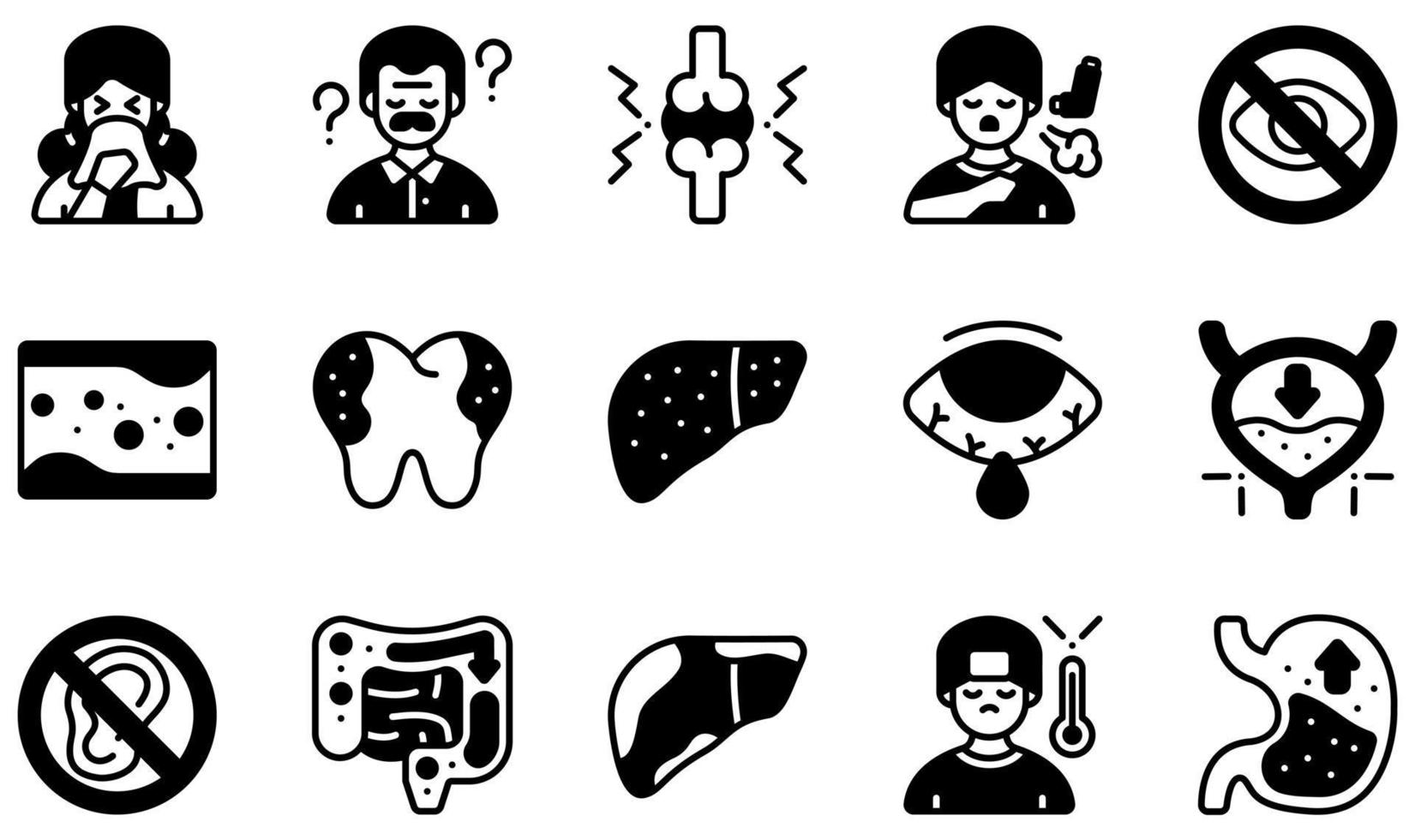 Set of Vector Icons Related to Diseases. Contains such Icons as Allergy, Alzheimer, Arthritis, Asthma, Blindness, Cholesterol and more.