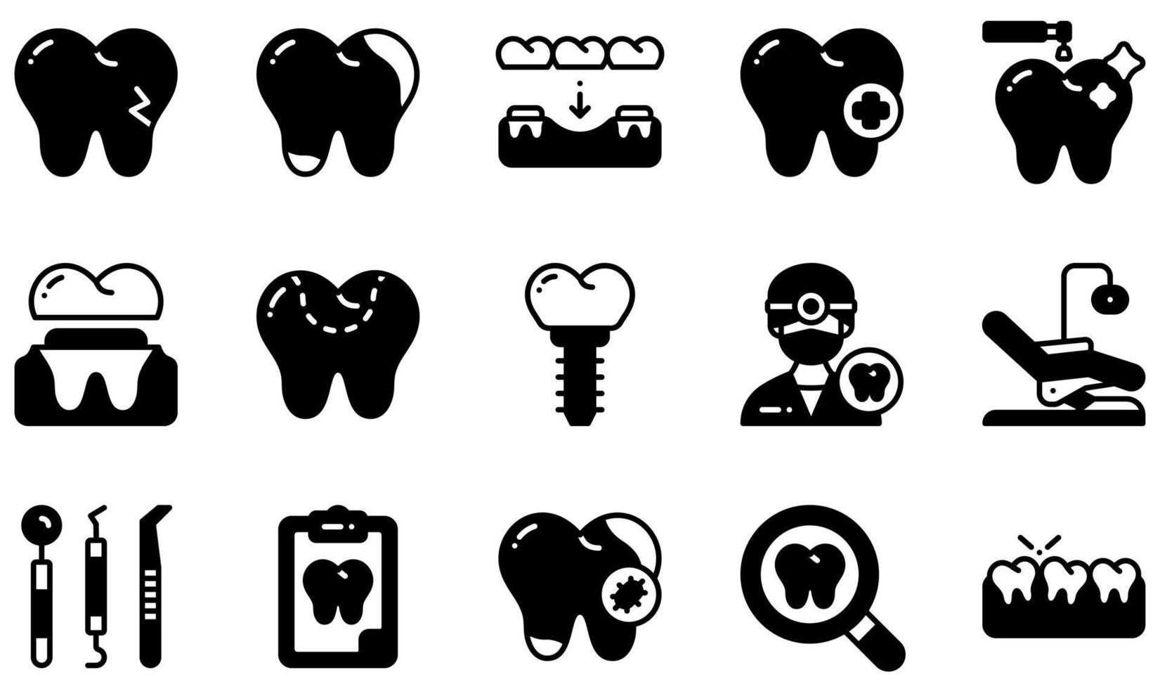 conjunto de iconos vectoriales relacionados con la odontología. contiene íconos como dientes rotos, caries, cuidado dental, corona dental, relleno dental, dentista y más. vector