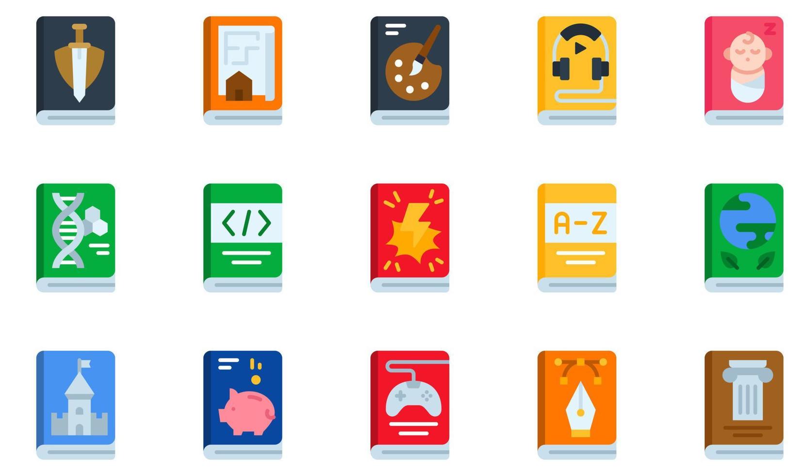 conjunto de iconos vectoriales relacionados con libros. contiene íconos como libro de aventuras, libro de arte, audiolibro, libro para bebés, libro de codificación, diccionario y más. vector