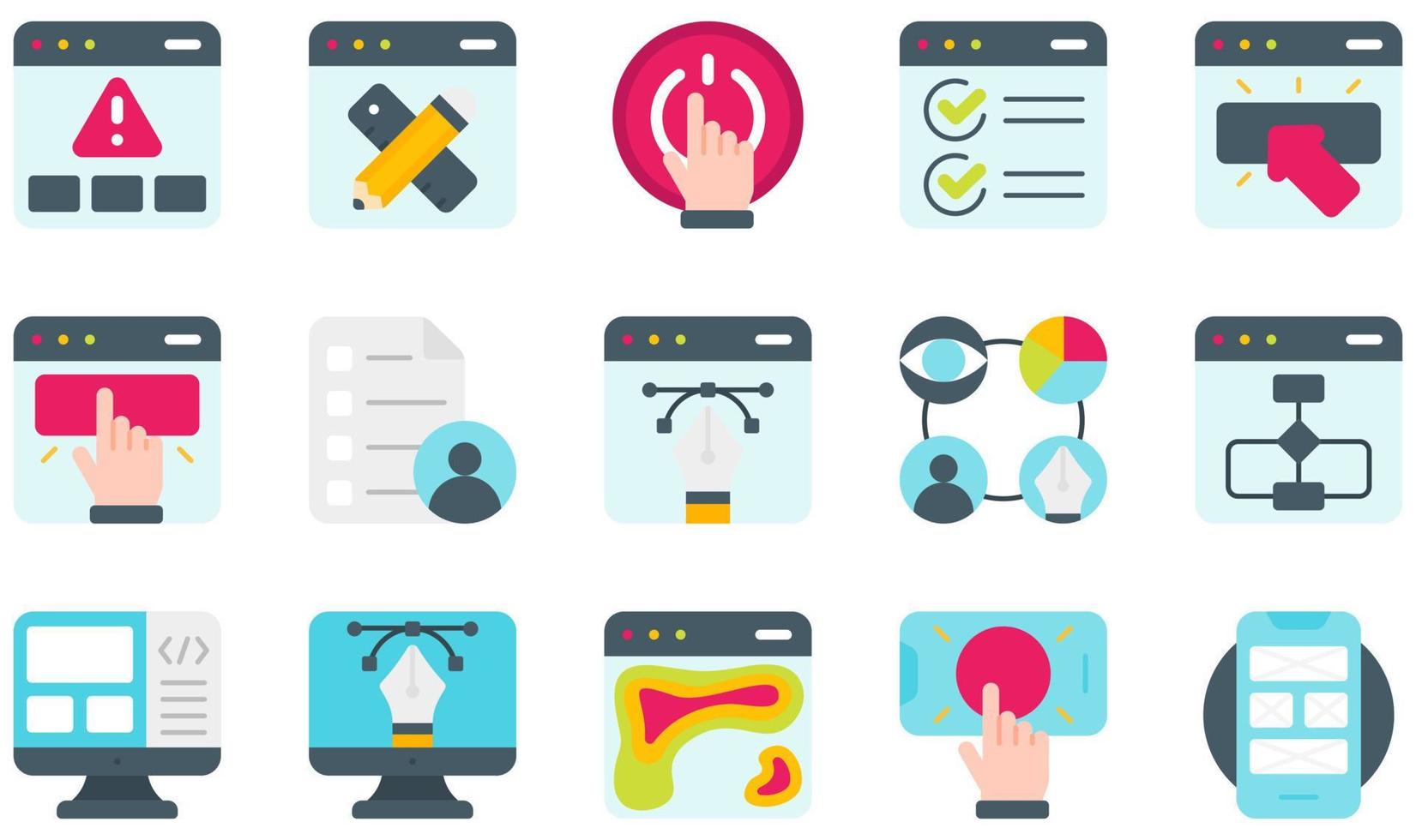 Set of Vector Icons Related to UX And UI. Contains such Icons as Alert, Checkbox, Click, Design, Flowchart, Interactive and more.