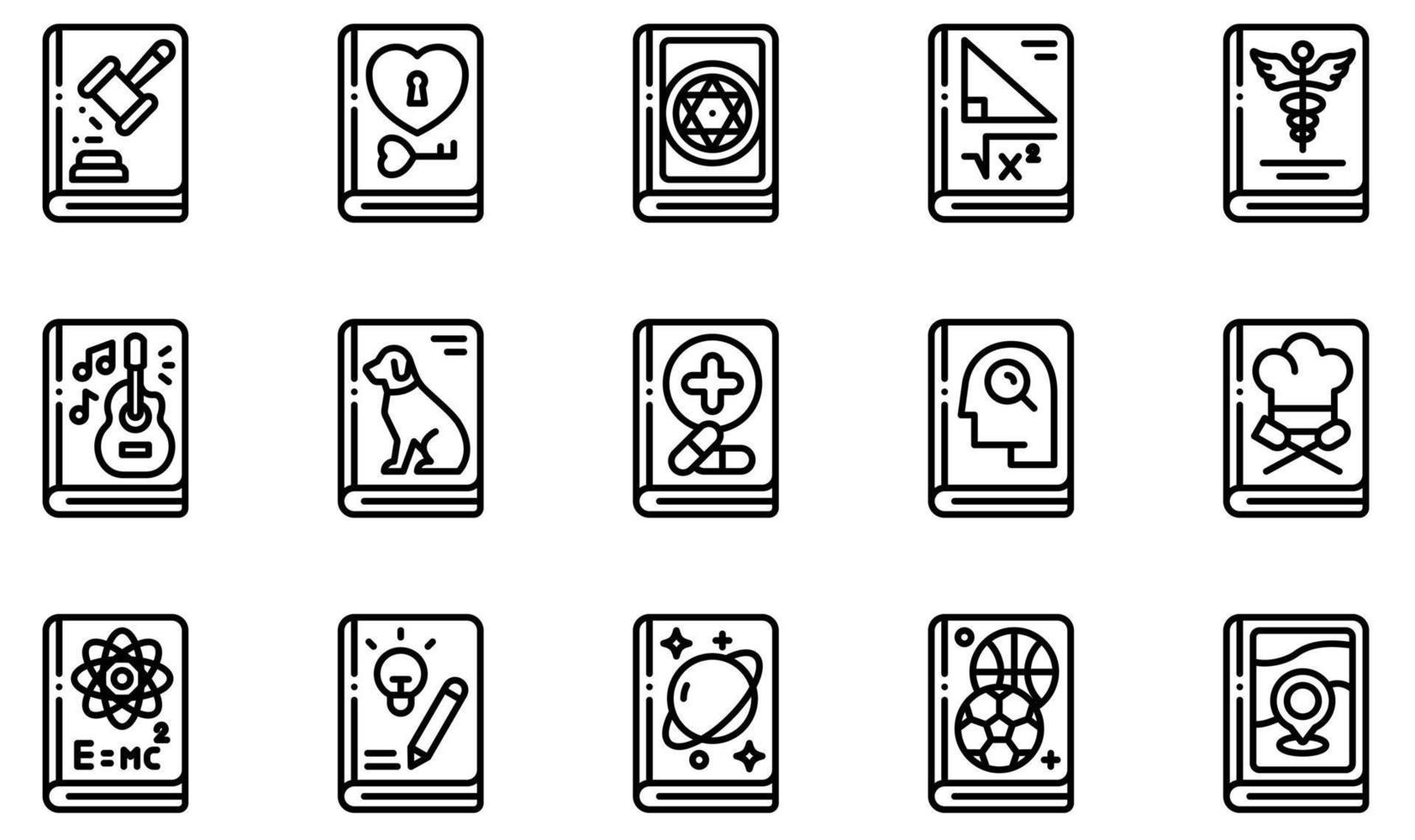 conjunto de iconos vectoriales relacionados con libros. contiene íconos como libro de leyes, libro de amor, libro de magia, libro de matemáticas, libro de música, libro de viajes y más. vector