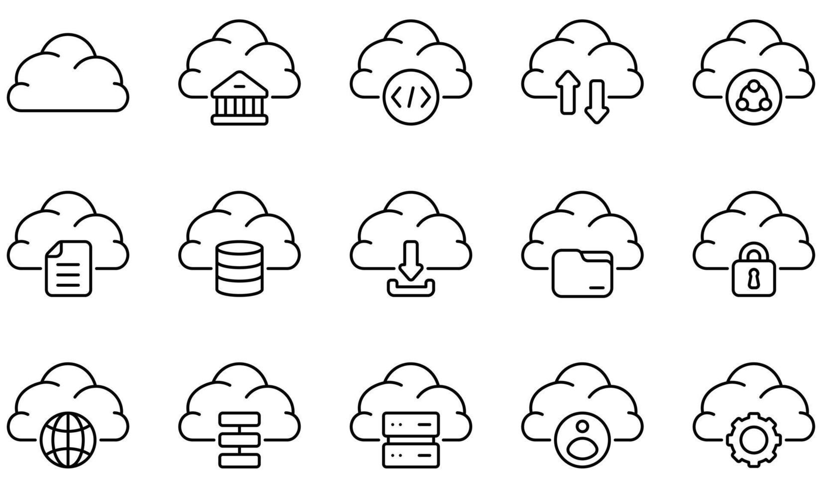 conjunto de iconos vectoriales relacionados con la tecnología de la nube. contiene íconos como nube, banca, codificación, computación en la nube, datos, base de datos y más. vector