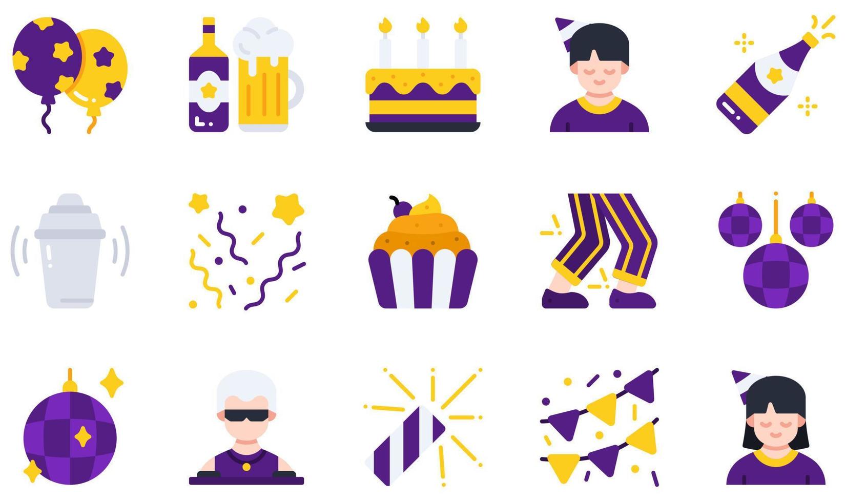 Set of Vector Icons Related to Party. Contains such Icons as Balloons, Birthday Cake, Champagne, Confetti, Disco, Garland and more.