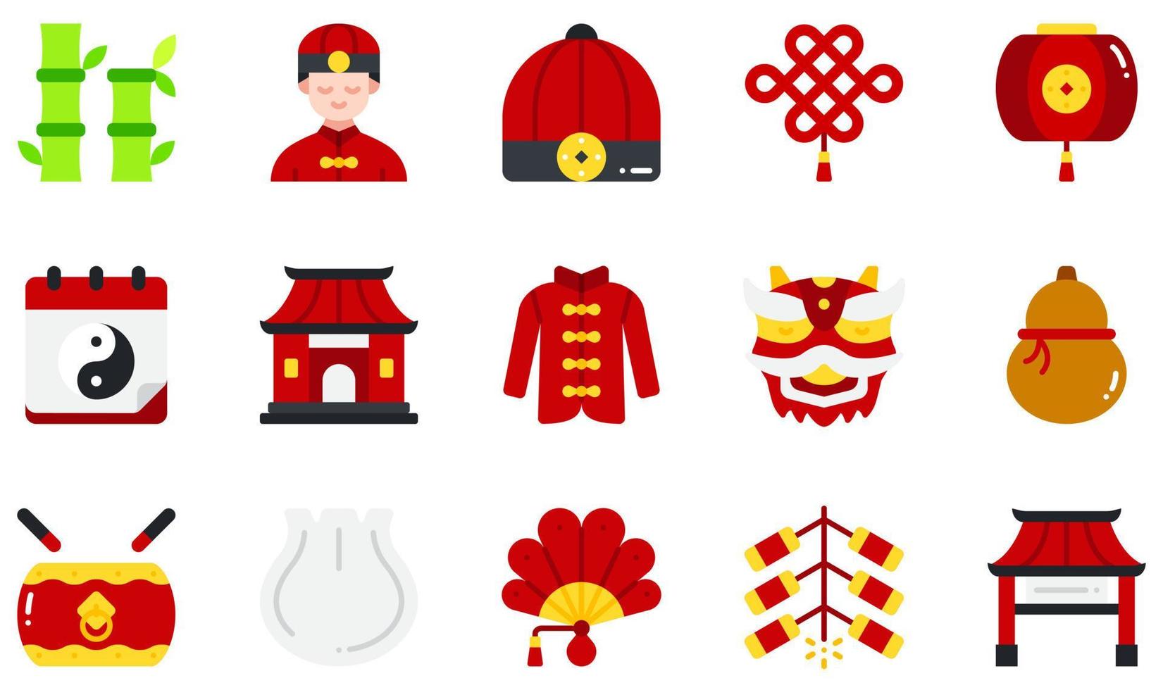 Set of Vector Icons Related to Chinese New Year. Contains such Icons as Bamboo, Chinese Hat, Chinese Lantern, Chinese New Year , Dumpling, Fireworks and more.