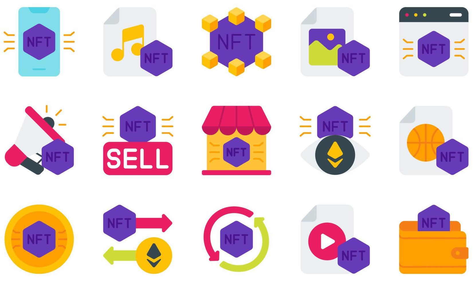 conjunto de iconos vectoriales relacionados con nft. contiene íconos como música, nft, foto, plataforma, venta, token y más. vector