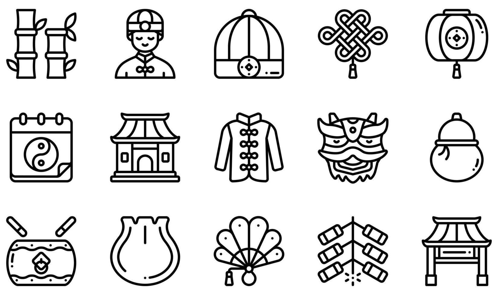 Set of Vector Icons Related to Chinese New Year. Contains such Icons as Bamboo, Chinese Hat, Chinese Lantern, Chinese New Year , Dumpling, Fireworks and more.