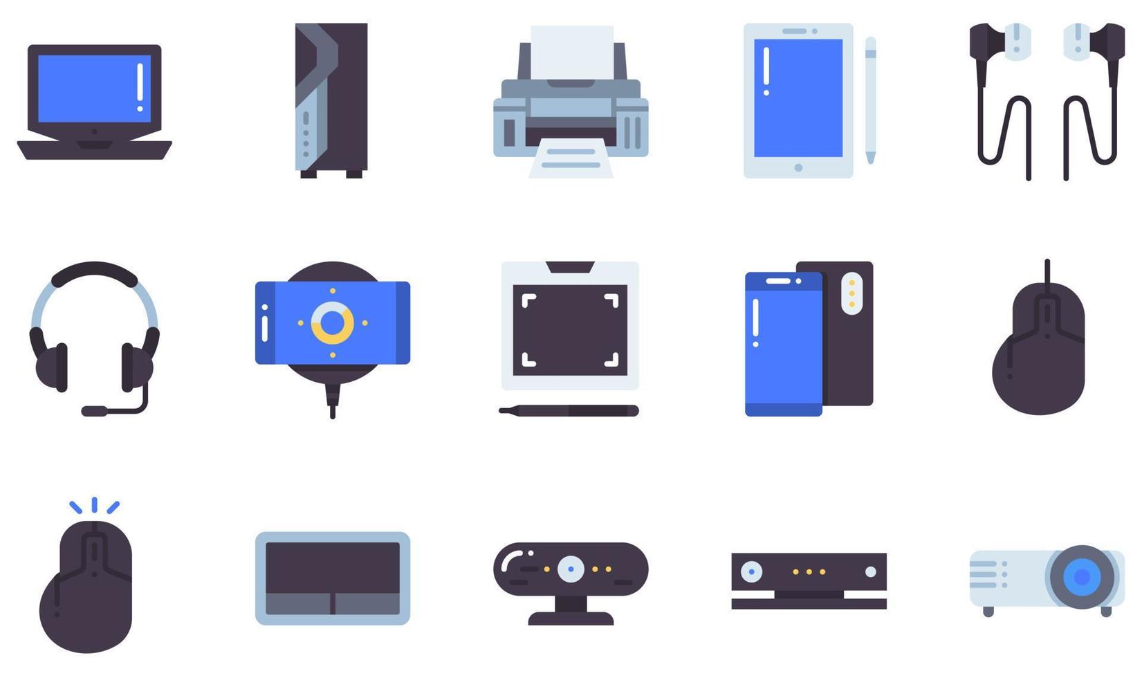 Set of Vector Icons Related to Electronic Devices. Contains such Icons as Cleaner, Coffee Machine, Earphone, Kettle, Microphone, Microwave and more.