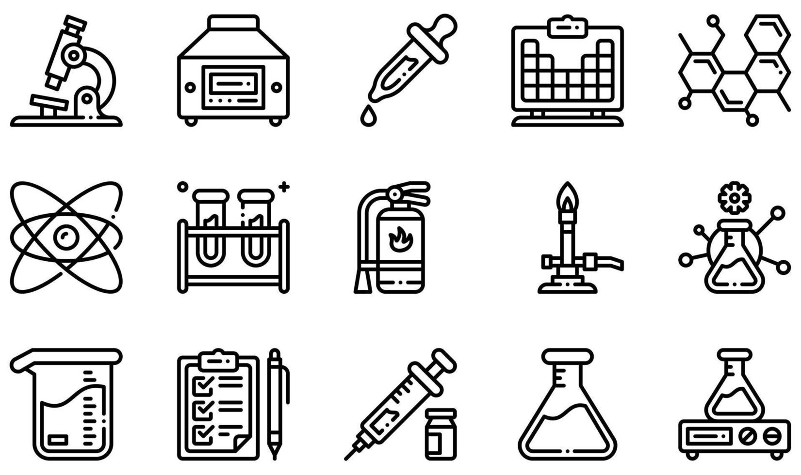 conjunto de iconos vectoriales relacionados con el laboratorio de química. contiene íconos como microscopio, centrífuga, cuentagotas, molecular, átomo, vaso de precipitados y más. vector