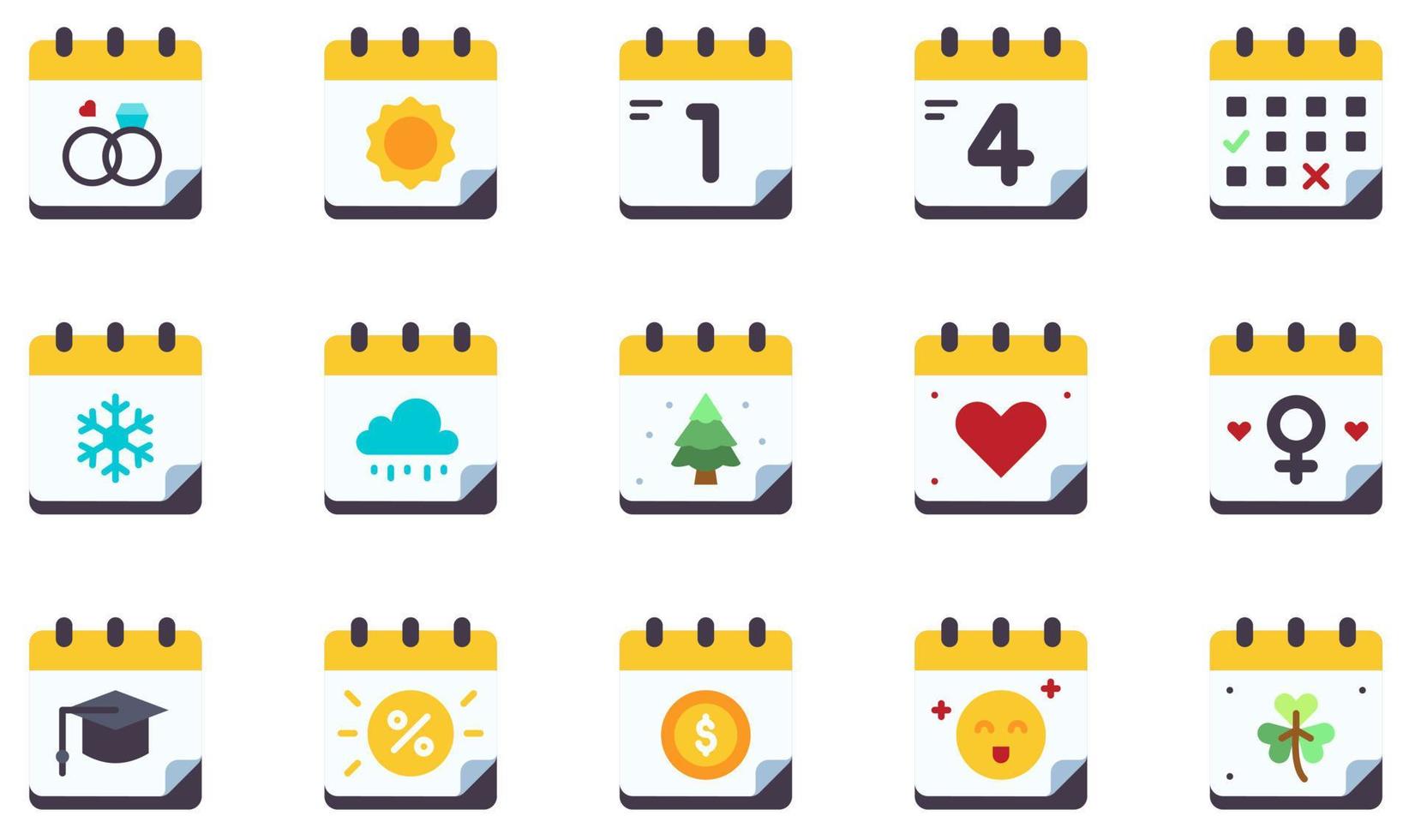 conjunto de iconos vectoriales relacionados con el calendario y las fechas. contiene íconos como calendario, día, hora, evento, horario, administración y más. vector
