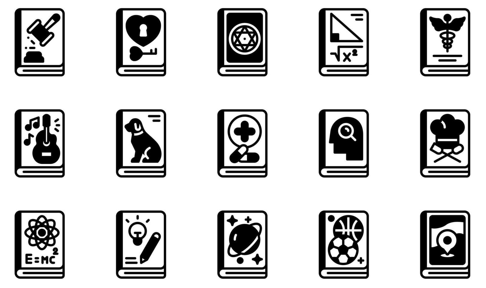 Set of Vector Icons Related to Books. Contains such Icons as Law Book, Love Book, Magic Book , Math Book, Music Book, Travel Book and more.