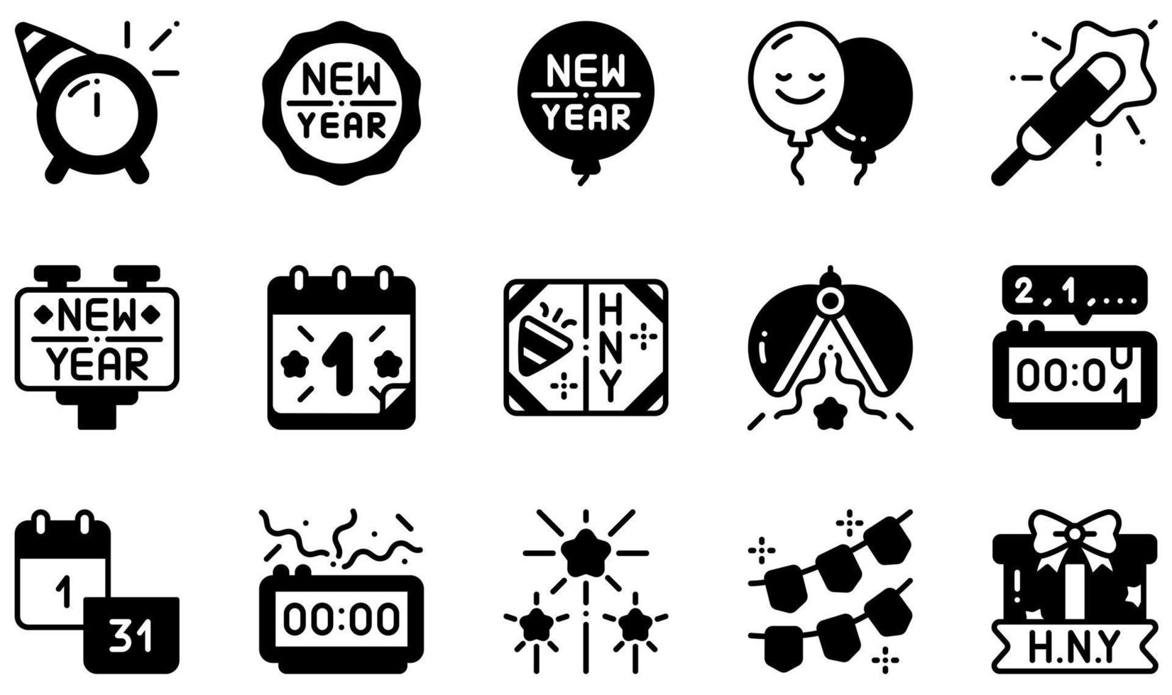 Set of Vector Icons Related to New Year. Contains such Icons as Badge, Balloon, Calendar, Card, Countdown, Fireworks and more.