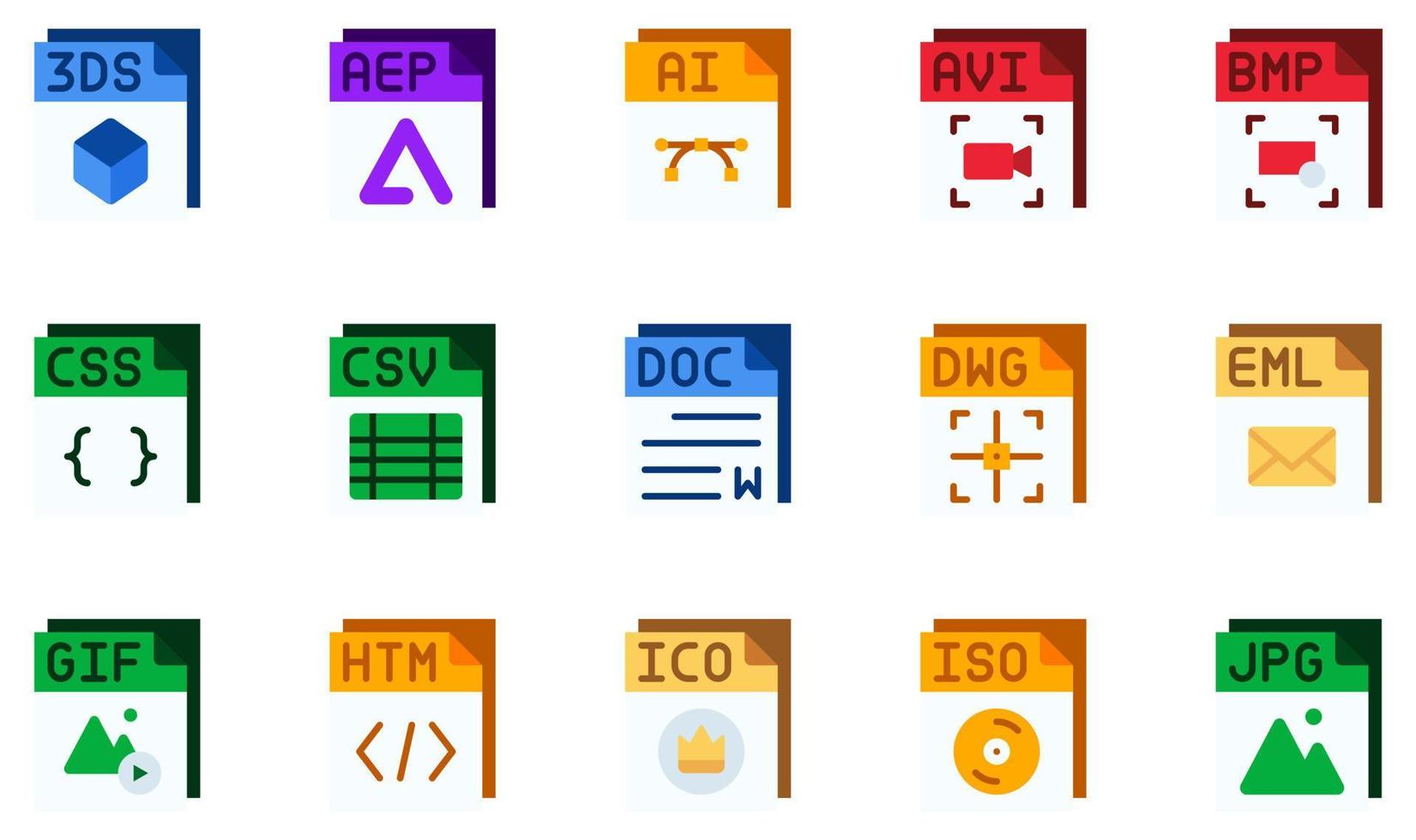 conjunto de iconos vectoriales relacionados con archivos. contiene íconos como archivo avi, archivo ai, archivo avi, archivo doc, archivo gif, archivo jpg y más. vector