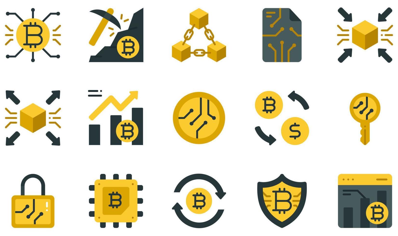 Set of Vector Icons Related to Cryptocurrency. Contains such Icons as Cryptocurrency, Mining, Blockchain, Smart Contracts, Centralized, Decentralized and more.