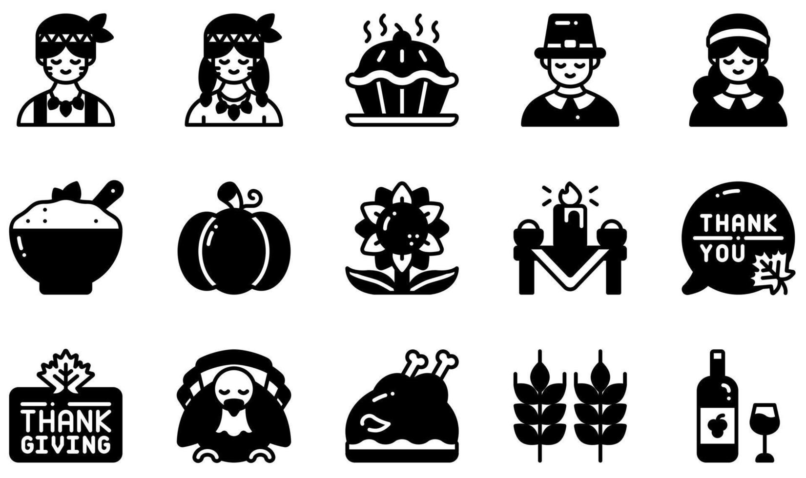 Set of Vector Icons Related to Thanksgiving . Contains such Icons as Pie, Pilgrim, Native American, Pumpkin, Thanksgiving, Turkey and more.