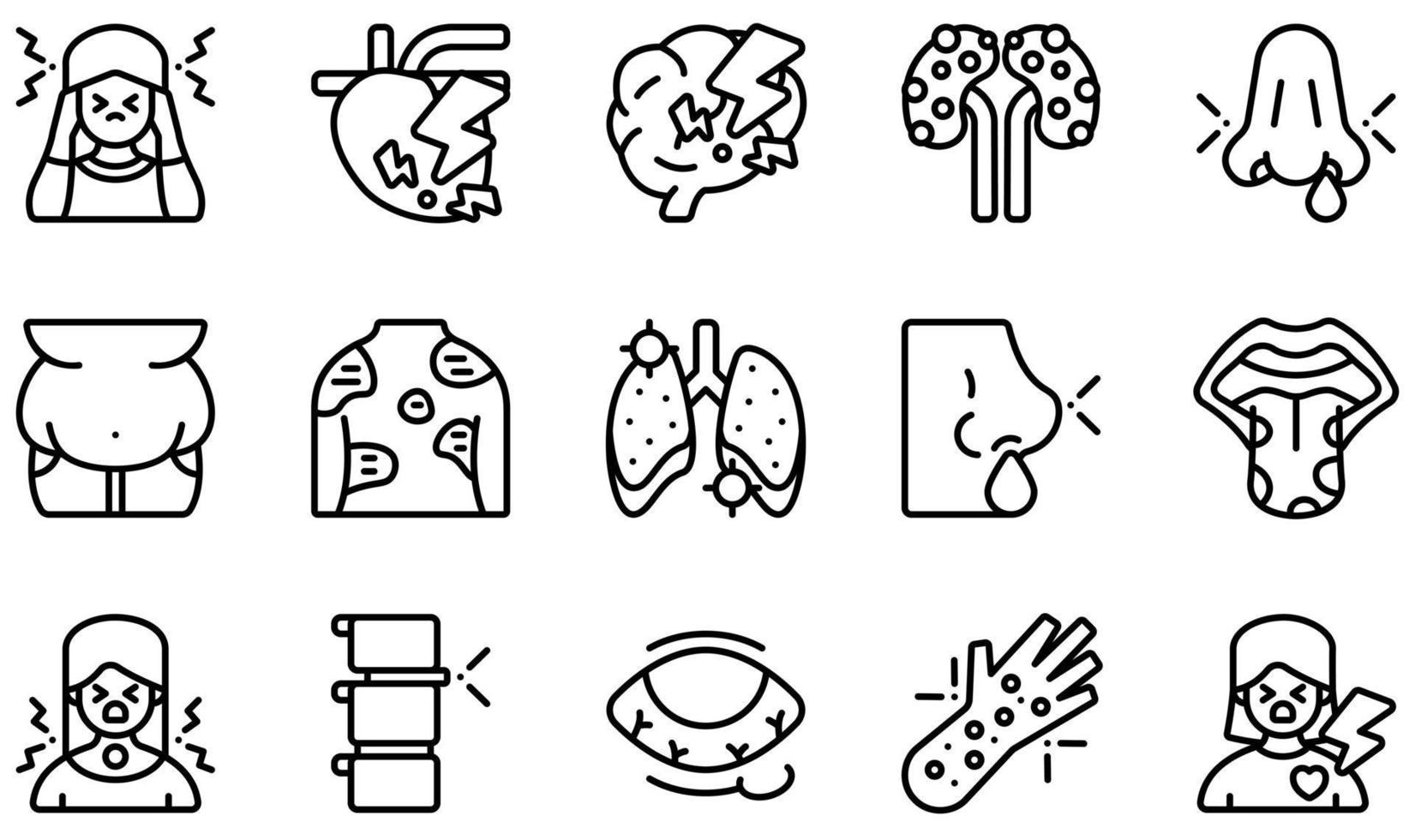 Set of Vector Icons Related to Diseases. Contains such Icons as Gastric Reflux, Glossitis, Headache, Heart Disease, Obesity, Hordeolum and more.