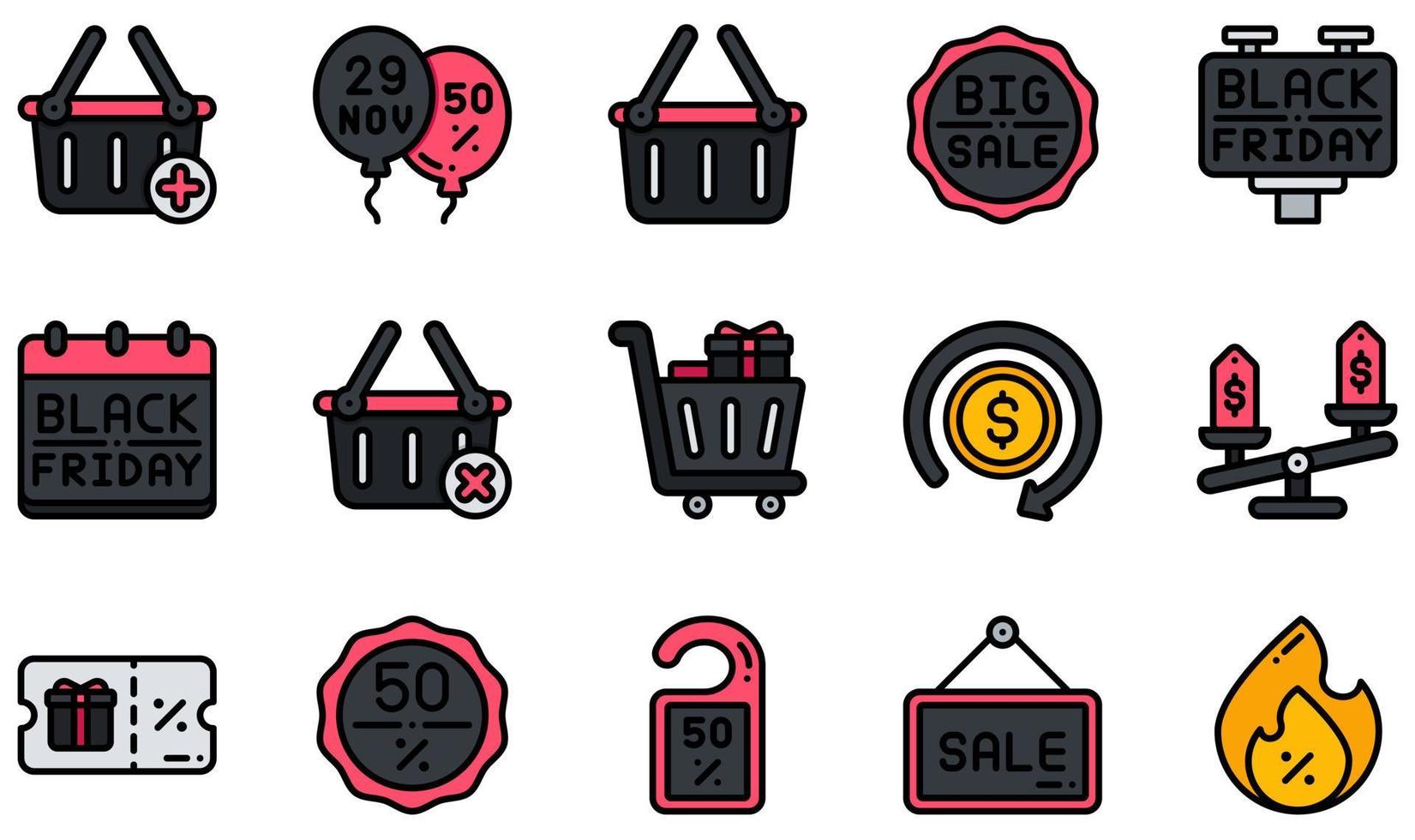 conjunto de iconos vectoriales relacionados con el viernes negro. contiene íconos como agregar, cesta, gran venta, viernes negro, cancelar, reembolso y más. vector