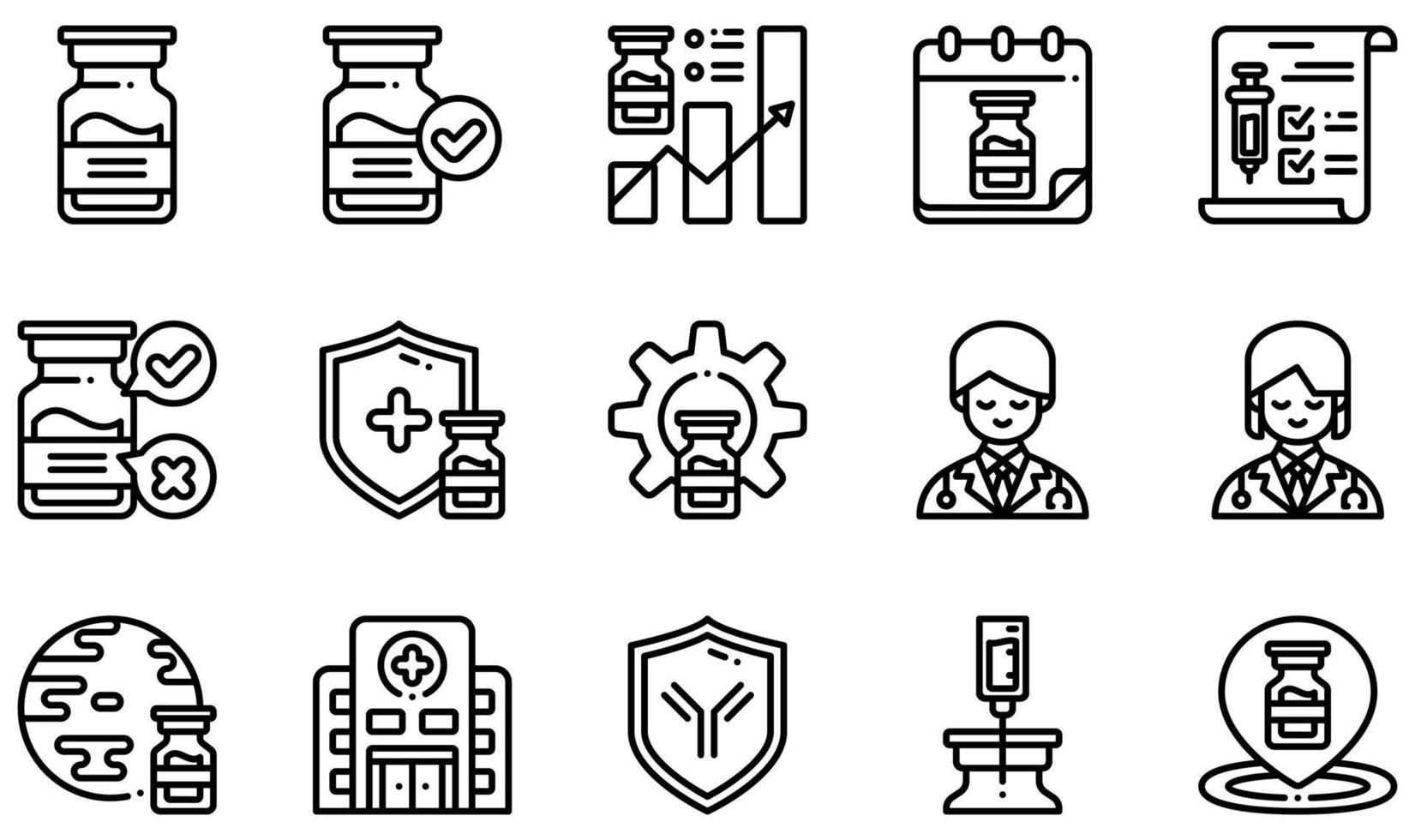 conjunto de iconos vectoriales relacionados con la vacuna. contiene íconos como ampolla, aprobación, certificado, desarrollo, médico, hospital y más. vector