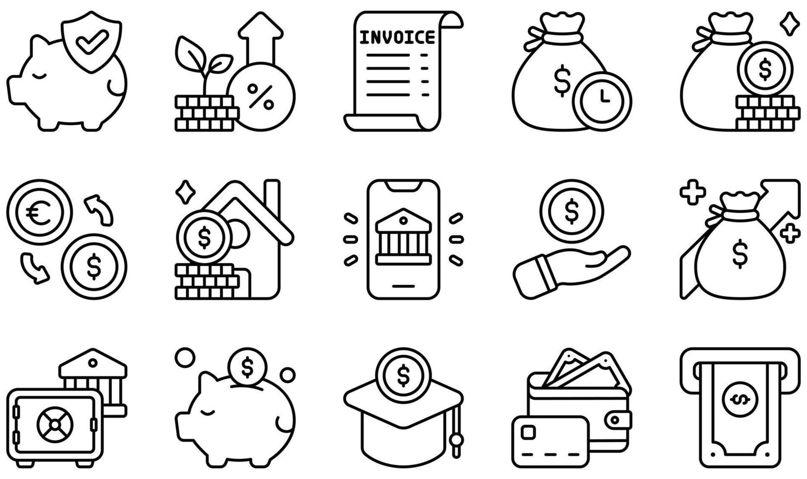 Set of Vector Icons Related to Banking. Contains such Icons as Insurance, Interest, Invoice, Loan, Money, Savings and more.