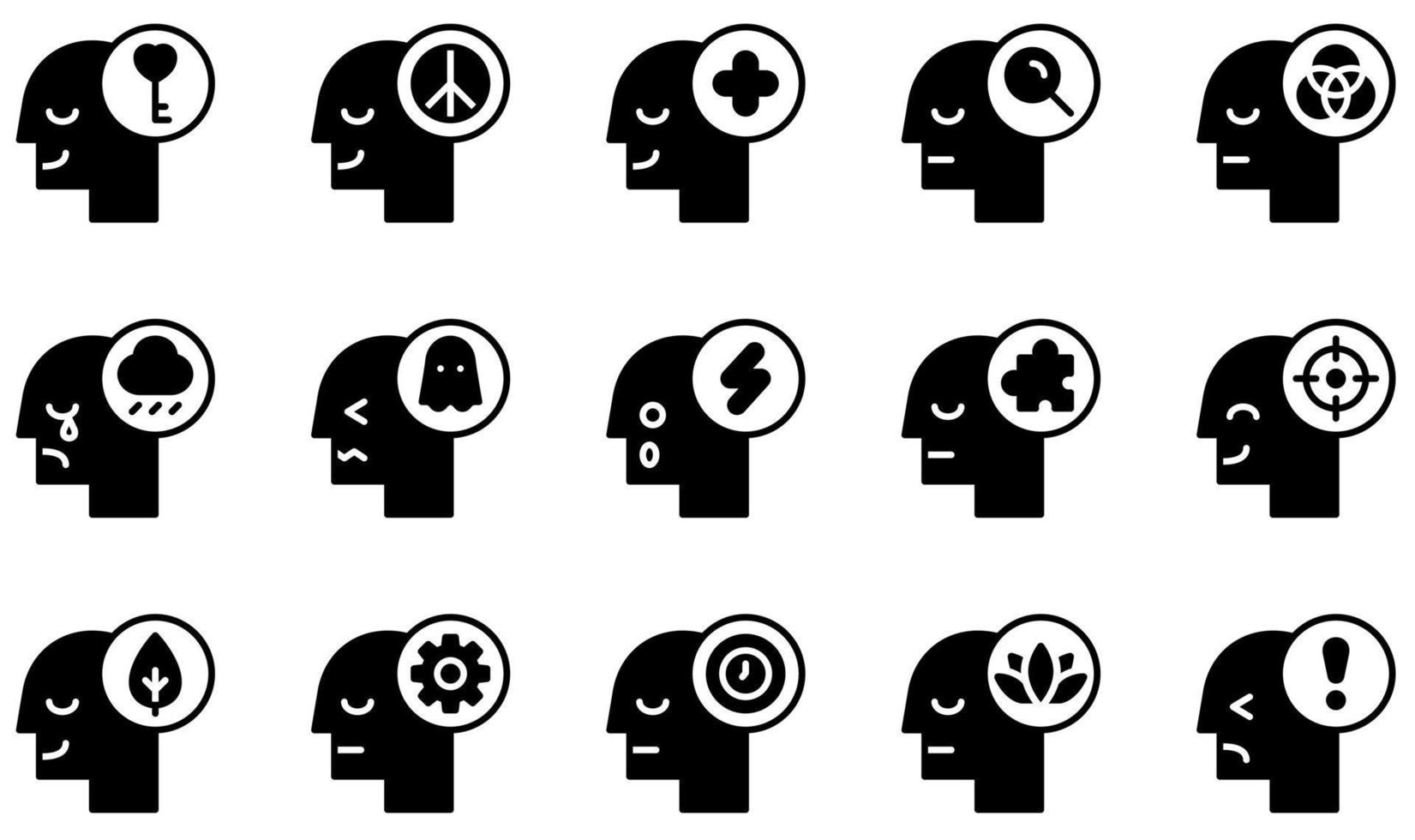 conjunto de iconos vectoriales relacionados con la mente humana. contiene íconos como mente abierta, positivo, tristeza, miedo, conmoción, tiempo y más. vector