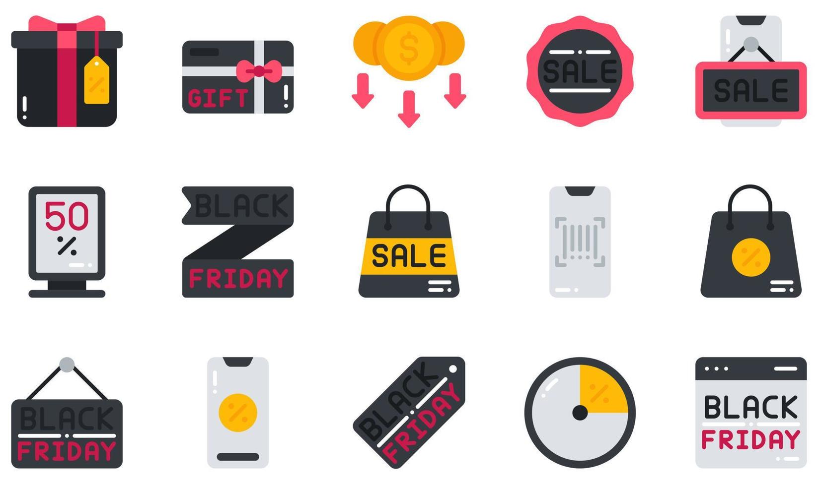 Set of Vector Icons Related to Black Friday. Contains such Icons as Gift Box, Gift Card, Low Price, Online Sale, Online Shop, Sale and more.