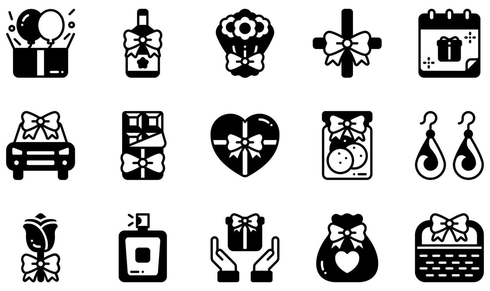 Set of Vector Icons Related to Gift. Contains such Icons as Balloons, Bouquet, Chocolate Bar, Chocolate Box, Cookies, Flower and more.