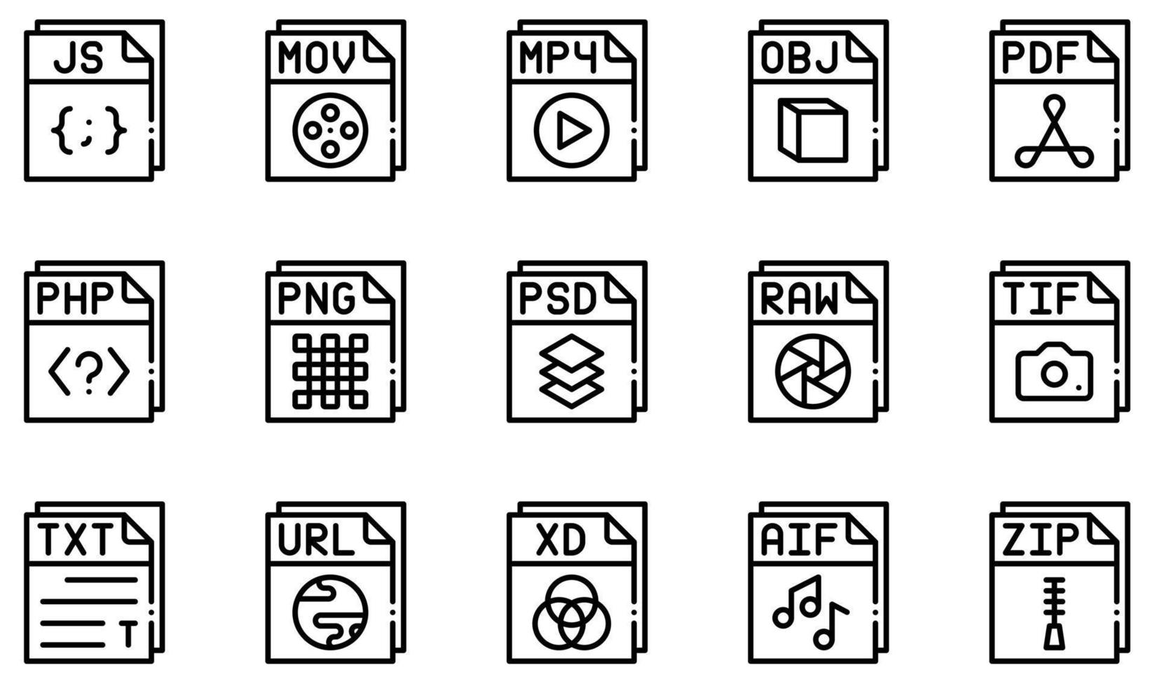 conjunto de iconos vectoriales relacionados con archivos. contiene íconos como archivo js, archivo mpphp, archivo pdf, archivo php, archivo png, archivo psd y más. vector