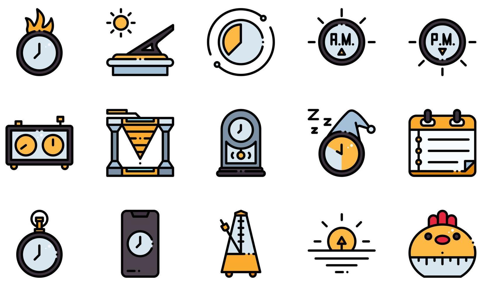 Set of Vector Icons Related to Time. Contains such Icons as Deadline, Sundial, Time Lapse, Chess Clock, Water Clock, Pendulum Clock and more.