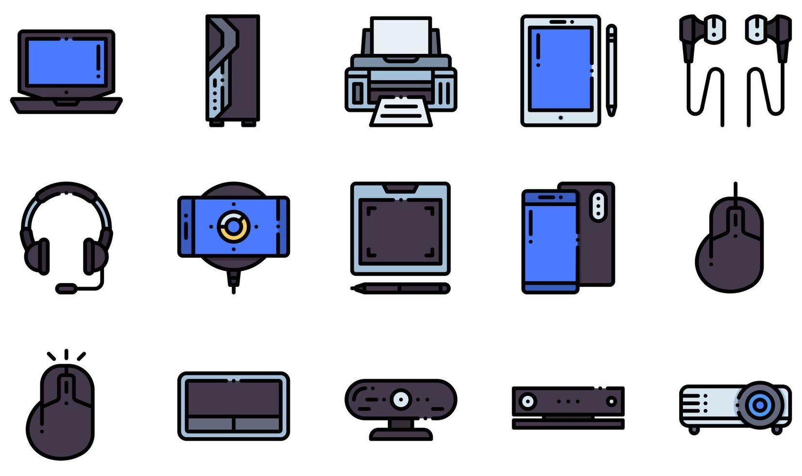 Set of Vector Icons Related to Electronic Devices. Contains such Icons as Cleaner, Coffee Machine, Earphone, Kettle, Microphone, Microwave and more.