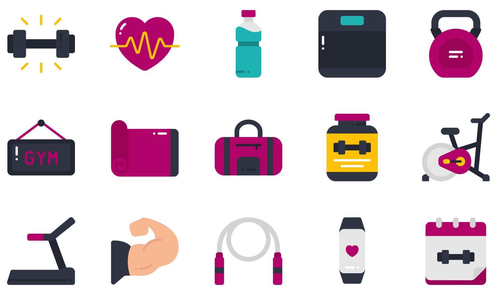 Set of Vector Icons Related to Fitness. Contains such Icons as Dumbbell, Heartbeat, Kettlebell, Yoga Mat, Cycling, Jump Rope and more.