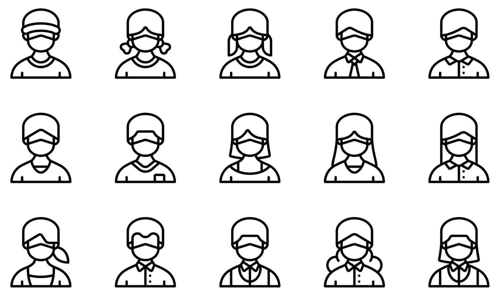 Set of Vector Icons Related to Avatars With Medical Masks. Contains such Icons as Boy, Girl, Man, 4, Old Man, Old Woman and more.