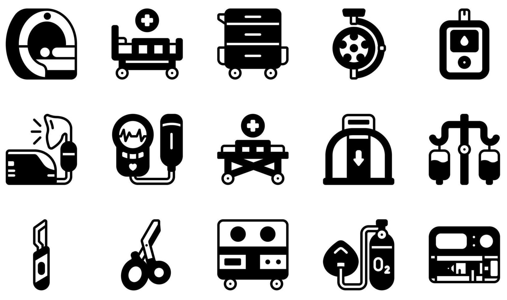 conjunto de iconos vectoriales relacionados con equipos médicos. contiene íconos como resonancia magnética, carro, medidor de glucosa, nebulizador, camilla, bisturí y más. vector