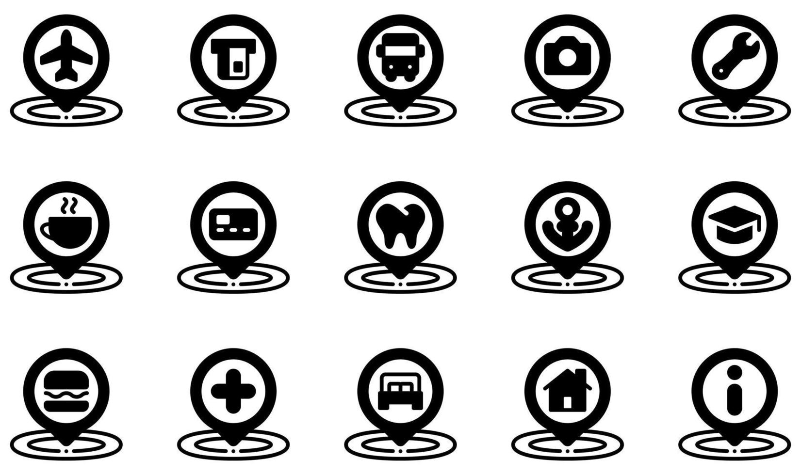conjunto de iconos vectoriales relacionados con el marcador de posición. contiene íconos como aeropuerto, cajero automático, parada de autobús, café, dentista, educación y más. vector