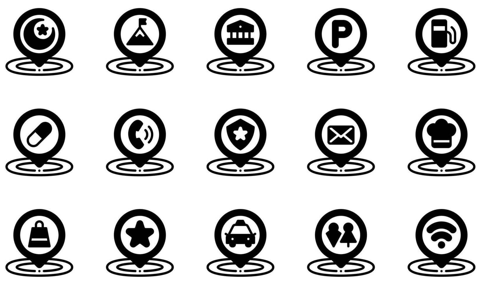 Set of Vector Icons Related to Placeholder. Contains such Icons as Museum, Parking, Pharmacy, Phone, Police Station, Restaurant and more.