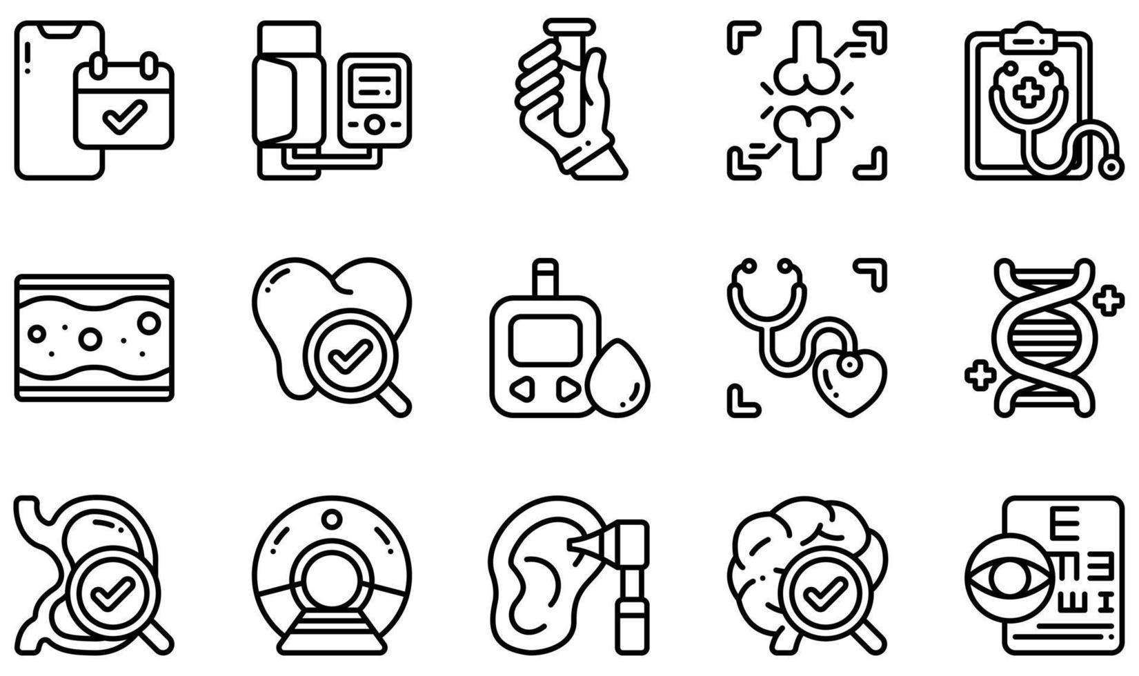 Set of Vector Icons Related to Health Checkup. Contains such Icons as Appointment, Blood Pressure, Blood Test, Checkup, Heart Check, Eye Exam and more.