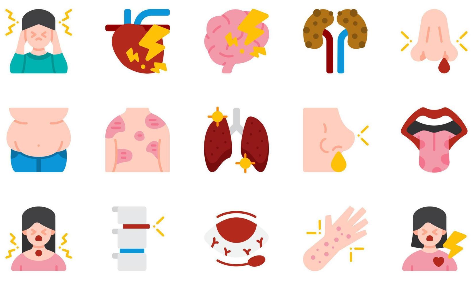 Set of Vector Icons Related to Diseases. Contains such Icons as Gastric Reflux, Glossitis, Headache, Heart Disease, Obesity, Hordeolum and more.