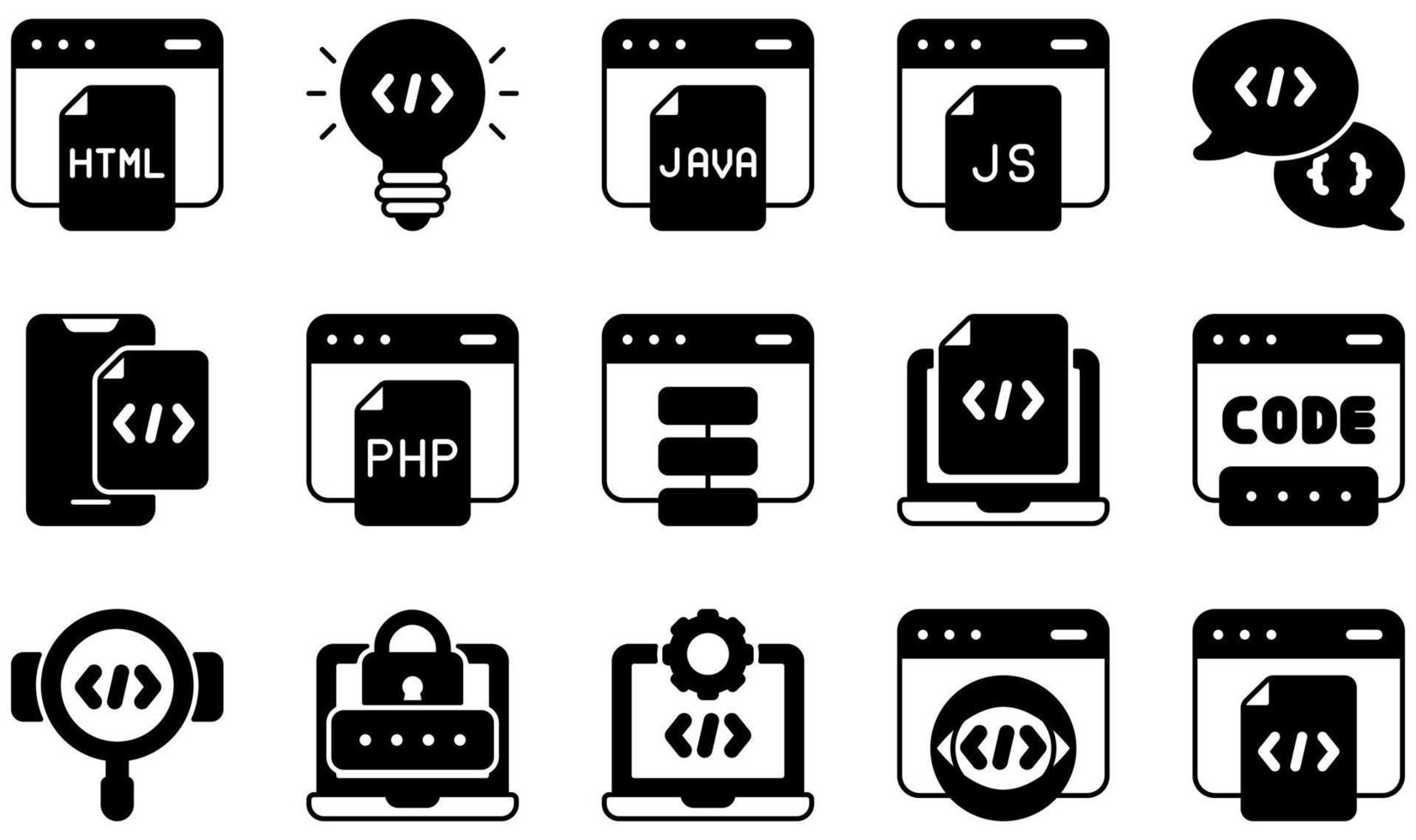 Set of Vector Icons Related to Coding. Contains such Icons as Html, Idea, Java, Javascript, Php, Programming and more.