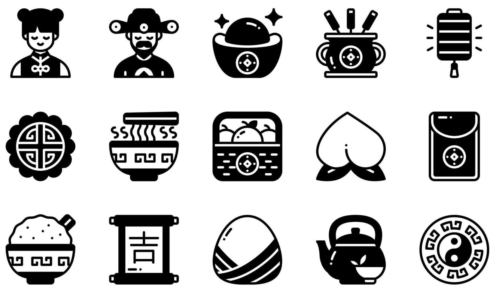 conjunto de iconos vectoriales relacionados con el año nuevo chino. contiene íconos como el dios de la riqueza, el oro, el incienso, el pastel de luna, el melocotón, el sobre rojo y más. vector