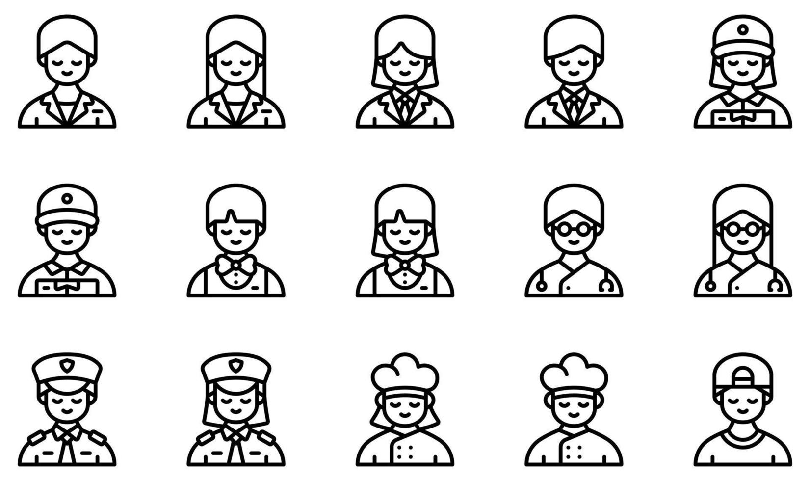 conjunto de iconos vectoriales relacionados con avatares. contiene íconos como recepción, mujer de negocios, cantinero, médico, policía, chef y más. vector