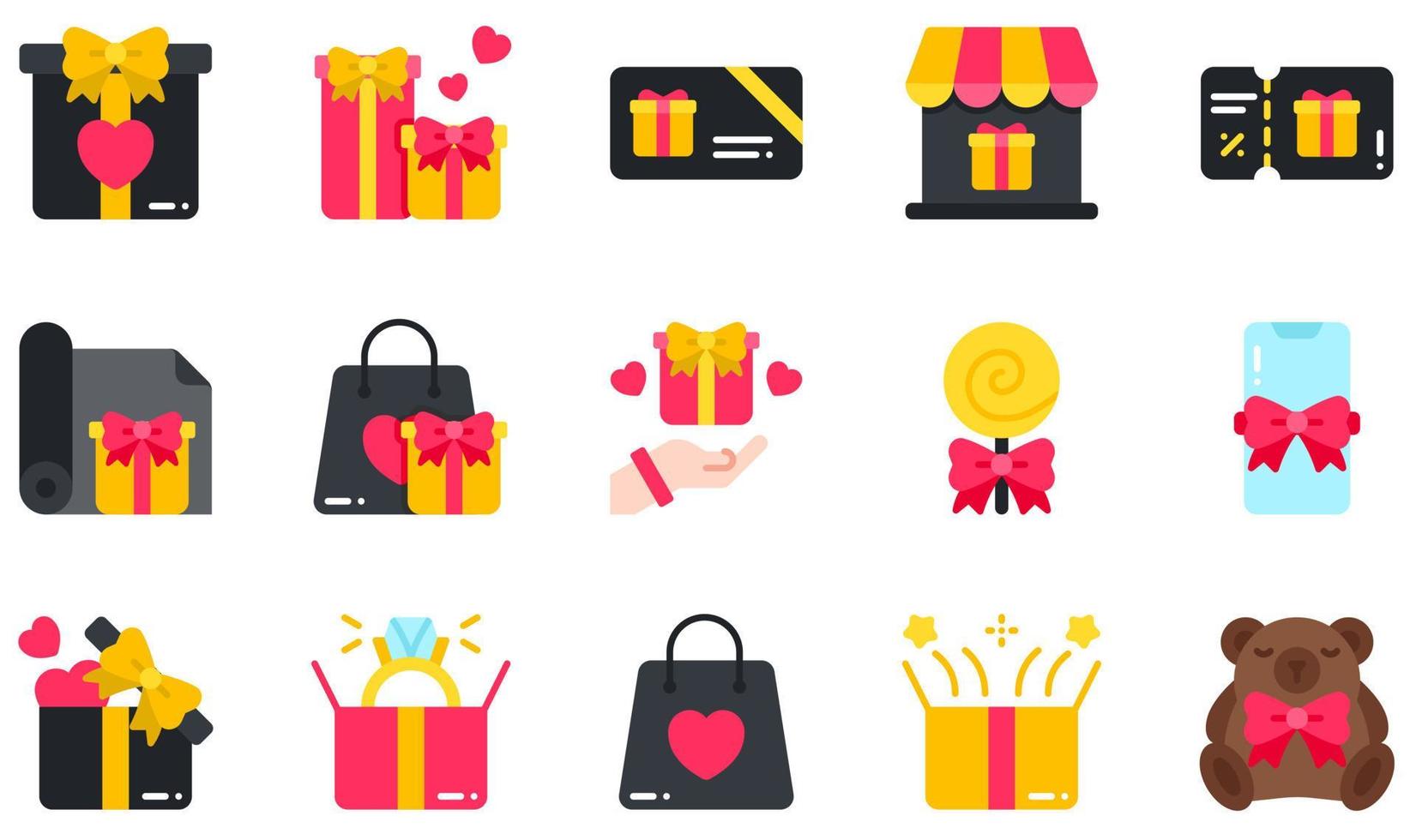 conjunto de iconos vectoriales relacionados con el regalo. contiene íconos como caja de regalo, tarjeta de regalo, vale de regalo, piruleta, teléfono móvil, anillo y más. vector