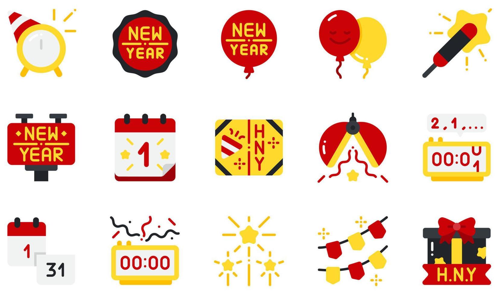 conjunto de iconos vectoriales relacionados con el año nuevo. contiene íconos como insignia, globo, calendario, tarjeta, cuenta regresiva, fuegos artificiales y más. vector