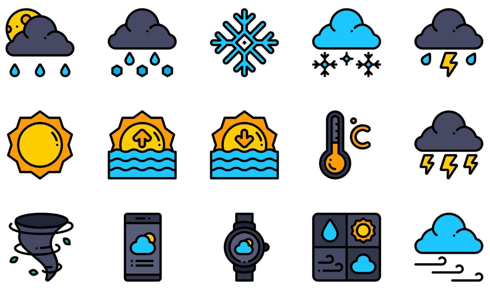 Set of Vector Icons Related to Weather. Contains such Icons as Sleet, Snowy, Storm, Sunrise, Sunset, Thunderstorm and more.